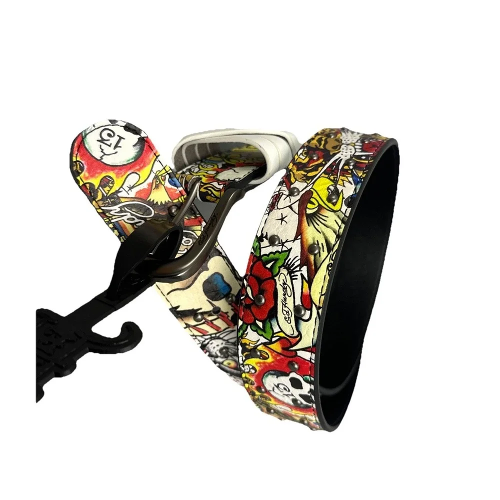 Ed Hardy Men's Skull Tiger Panther Print Belt With Hammered Rivet Studs SZ 40 NW